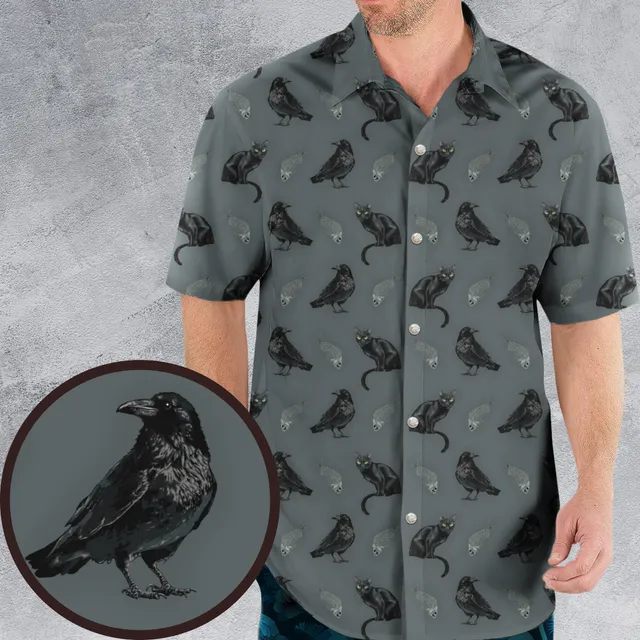 Black Cat and Raven Pattern Hawaiian Shirt