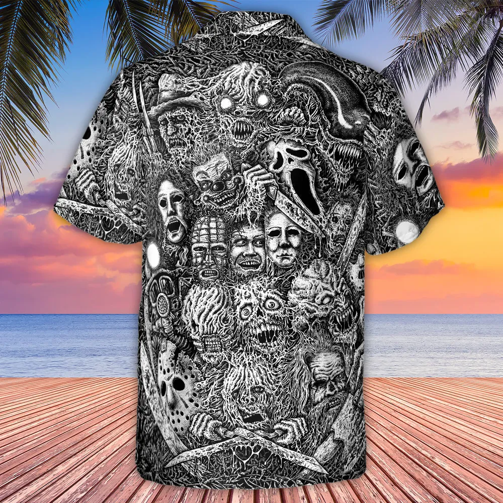 Horror Movie Assemblage Ghostface Xenomorph Pinhead Freddy Michael Myers Hawaiian Shirt - 2