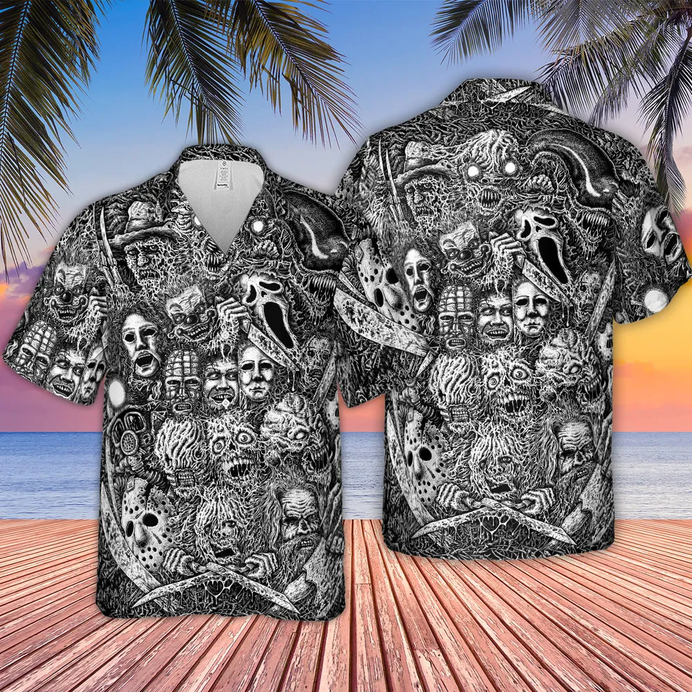 Horror Movie Assemblage Ghostface Xenomorph Pinhead Freddy Michael Myers Hawaiian Shirt - 4