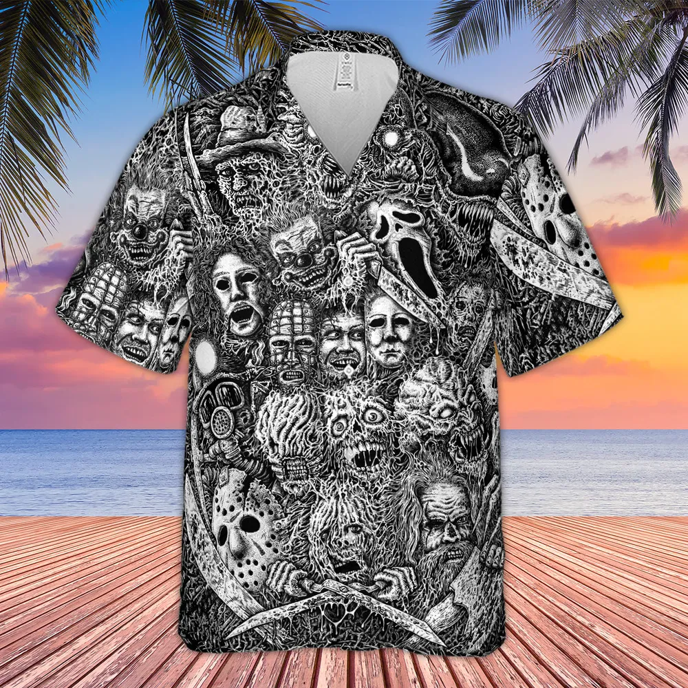 Horror Movie Assemblage Ghostface Xenomorph Pinhead Freddy Michael Myers Hawaiian Shirt - 3