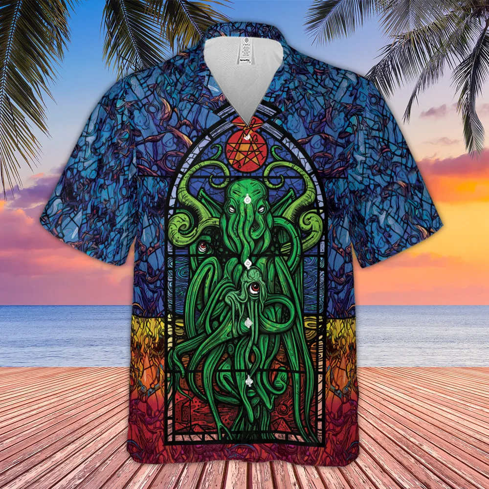 Stained Glass Cthulhu H.P Lovecraft Hawaiian Shirt - 4