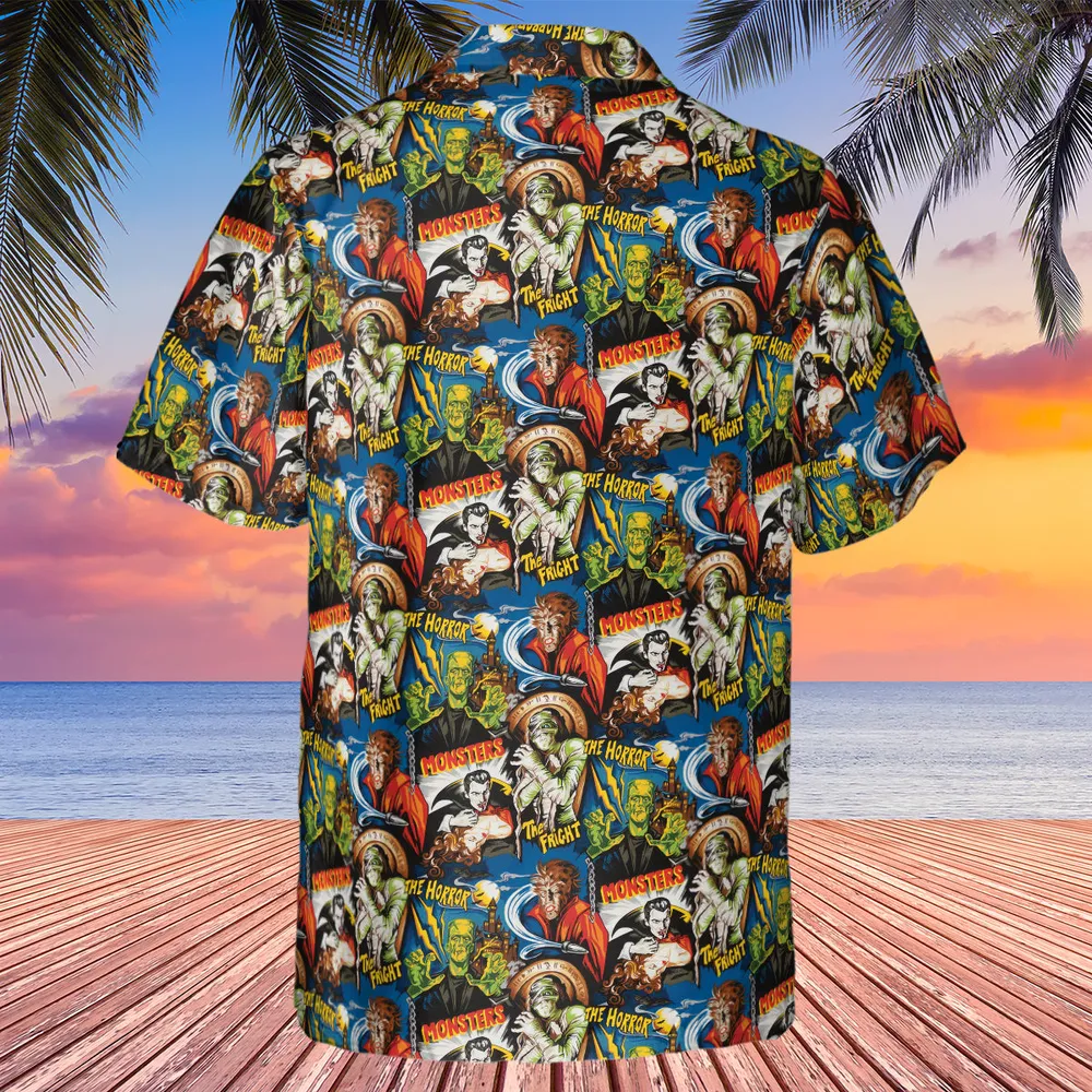 The Horror The Fright Dracula Frankenstein The Wolfman Monster Universal Pattern Hawaiian Shirt - 3