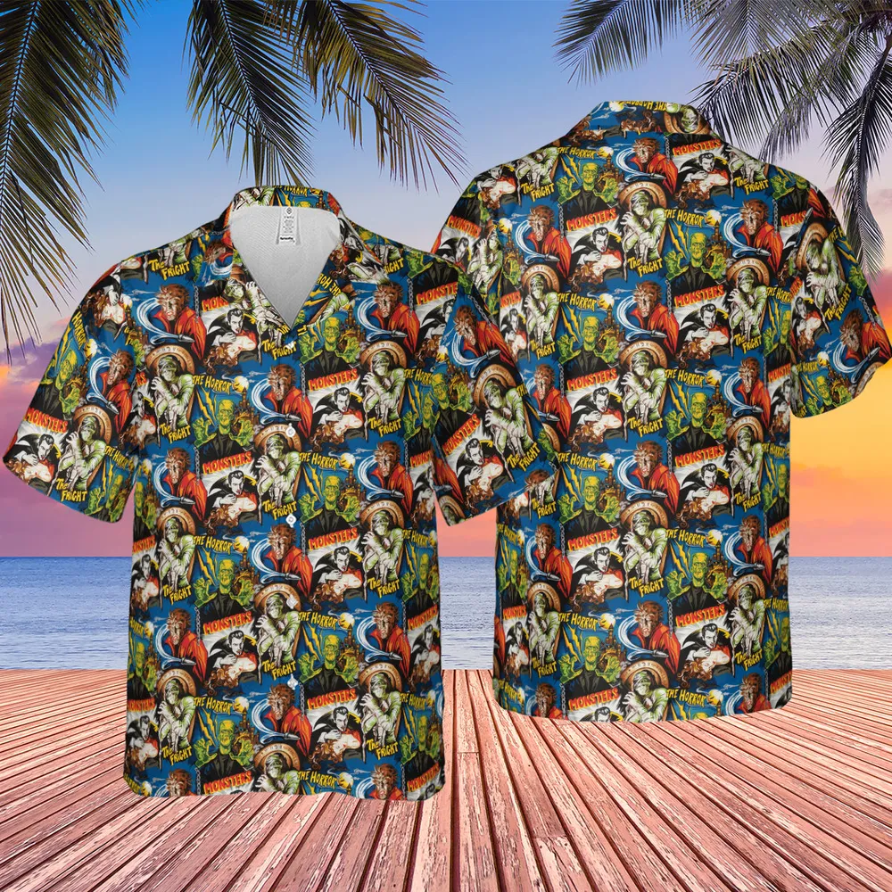 The Horror The Fright Dracula Frankenstein The Wolfman Monster Universal Pattern Hawaiian Shirt - 2