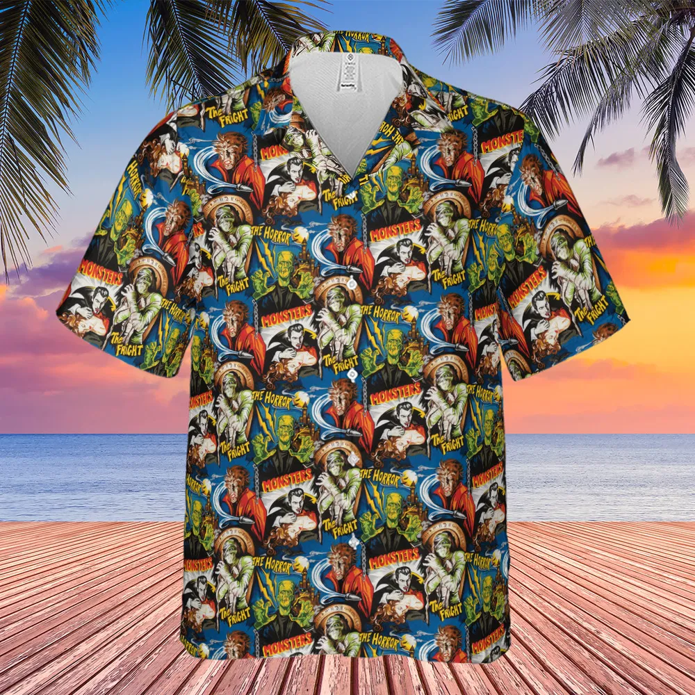 The Horror The Fright Dracula Frankenstein The Wolfman Monster Universal Pattern Hawaiian Shirt - 4