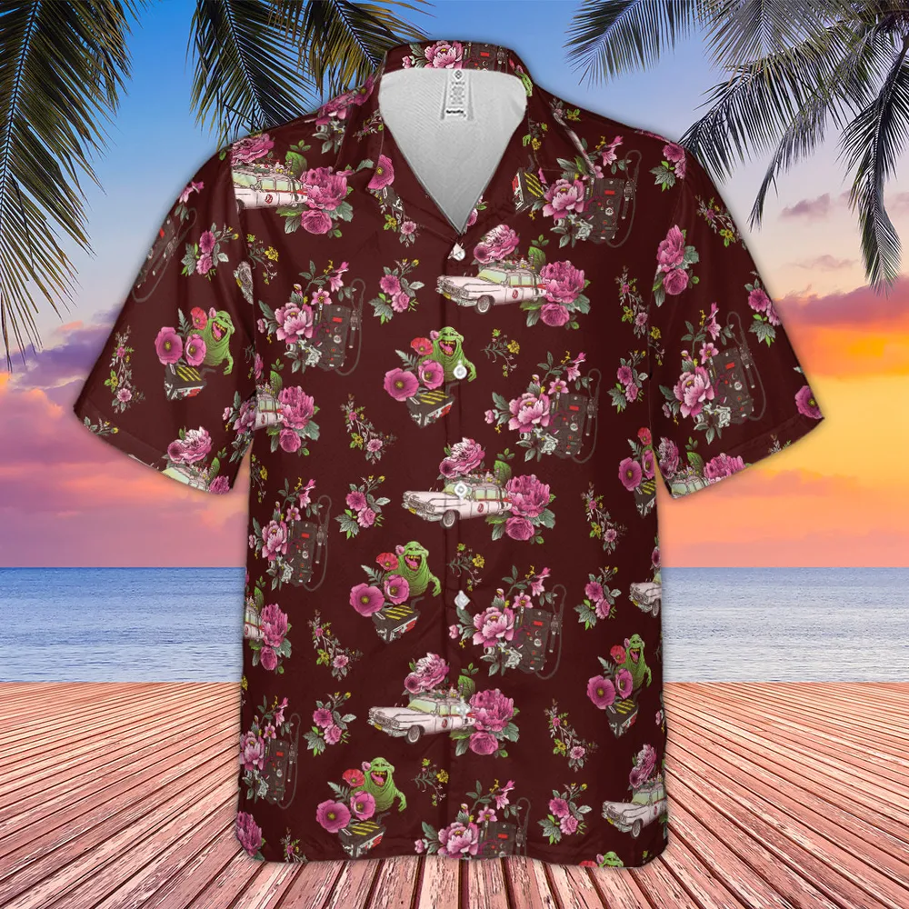 Slimer Ecto-1 Proton Pack Floral Ghostbusters Hawaiian Shirt - 2