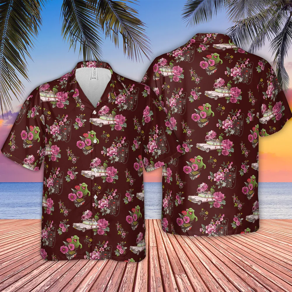 Slimer Ecto-1 Proton Pack Floral Ghostbusters Hawaiian Shirt - 4