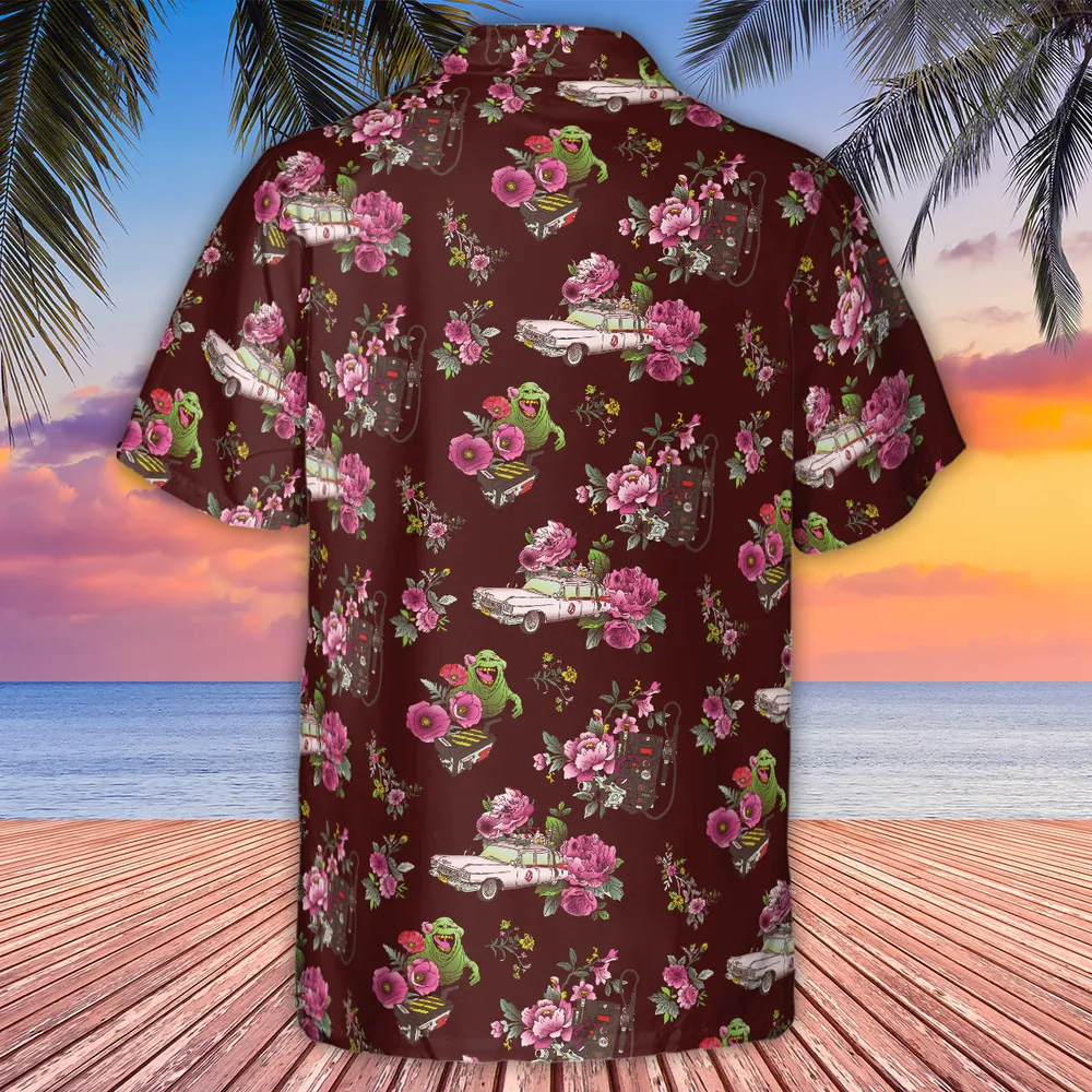 Slimer Ecto-1 Proton Pack Floral Ghostbusters Hawaiian Shirt - 3