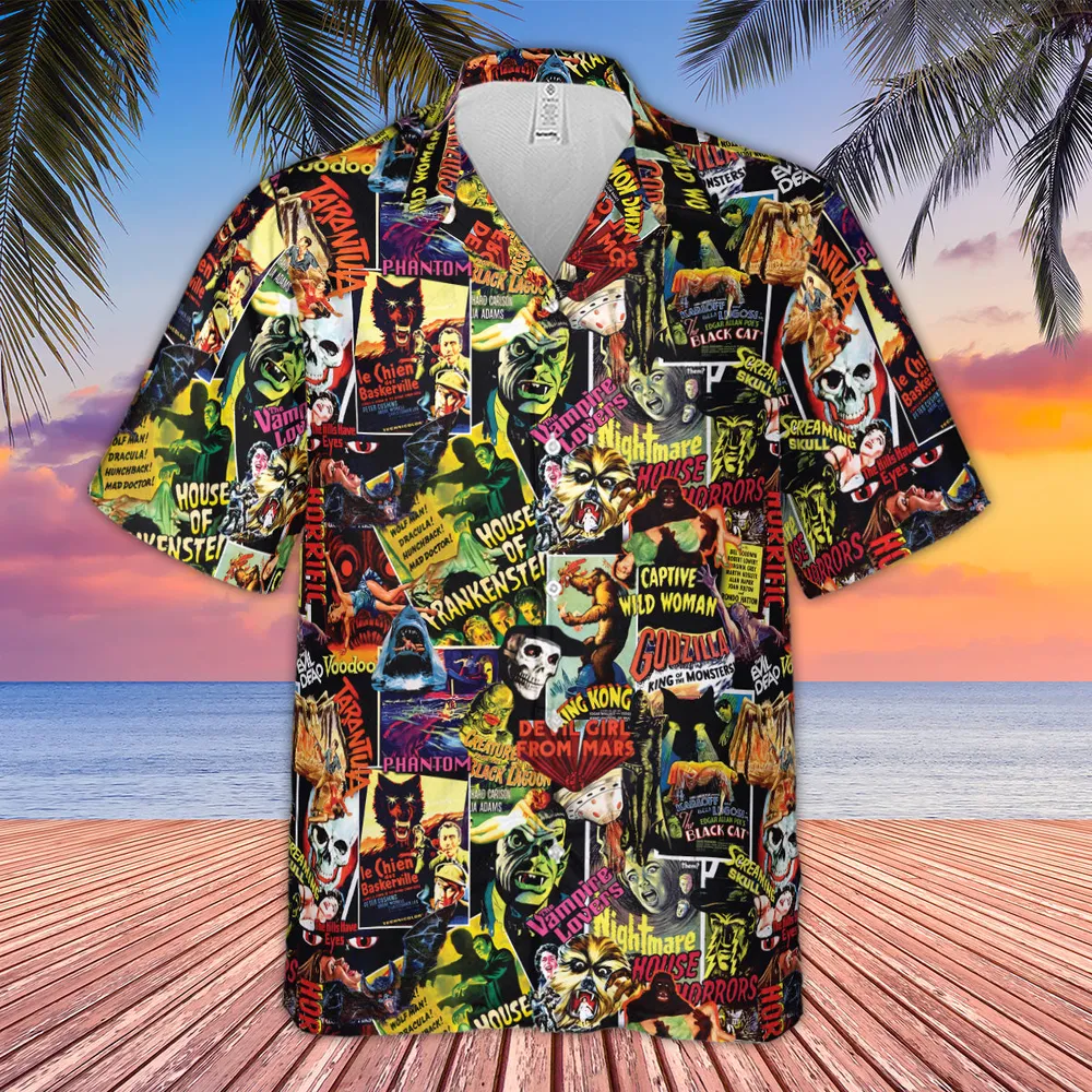 Fright Night Halloween Retro Horror Characters Collage Hawaiian Shirt - 3