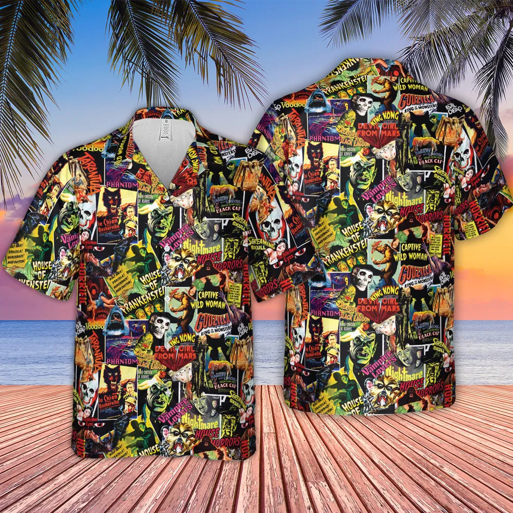 Fright Night Halloween Retro Horror Characters Collage Hawaiian Shirt - 4