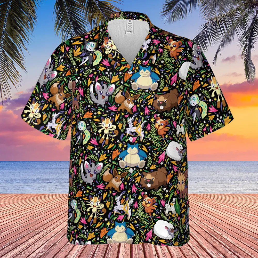 Floral Snorlax Bidoof Eevee Meloetta Pokemon Hawaiian Shirt - 4