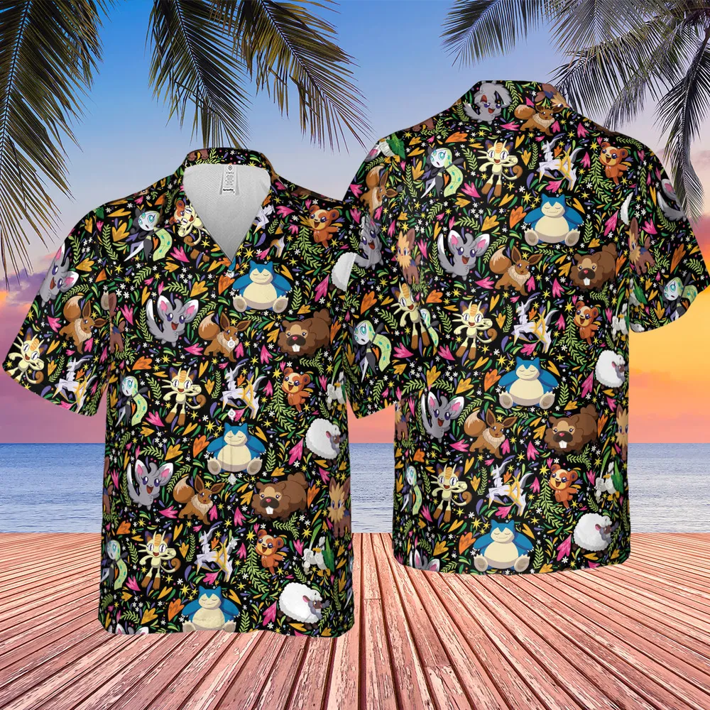 Floral Snorlax Bidoof Eevee Meloetta Pokemon Hawaiian Shirt - 2