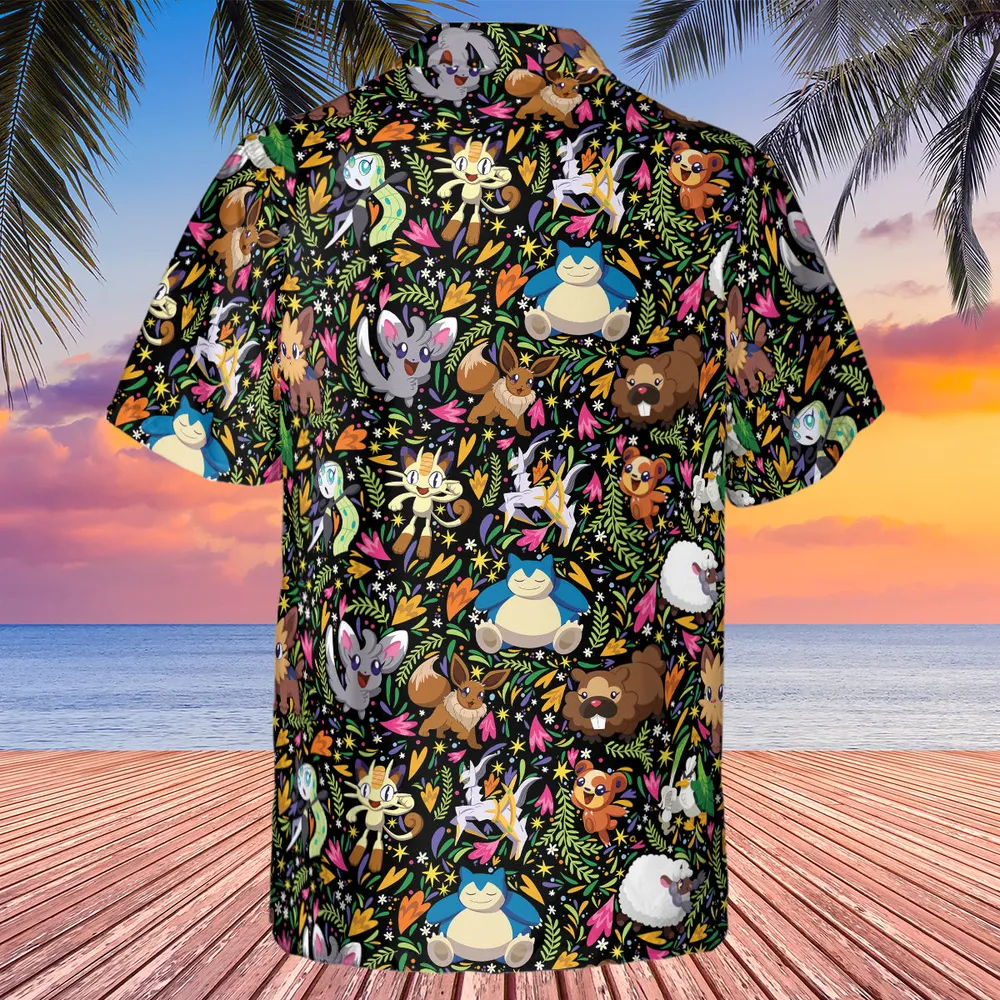 Floral Snorlax Bidoof Eevee Meloetta Pokemon Hawaiian Shirt - 3