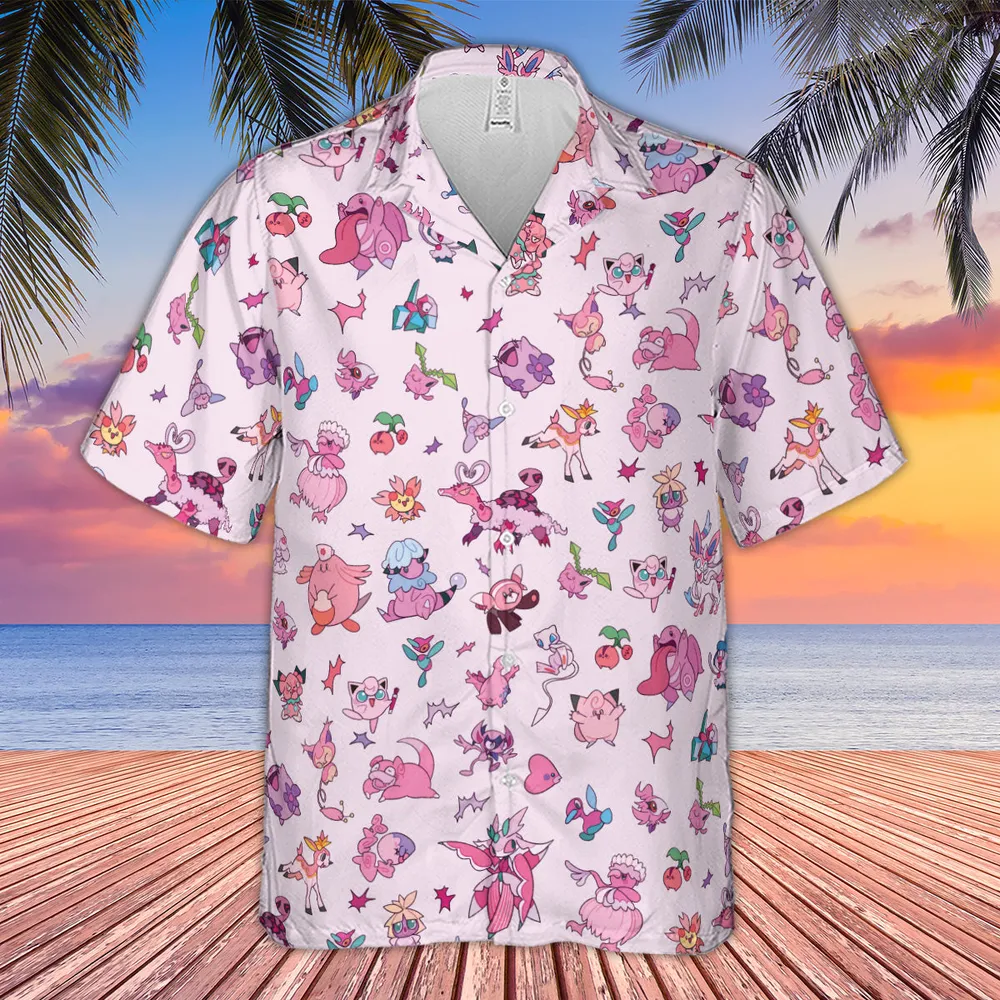 Team Pink Pokemon Pattern Hawaiian Shirt - 4