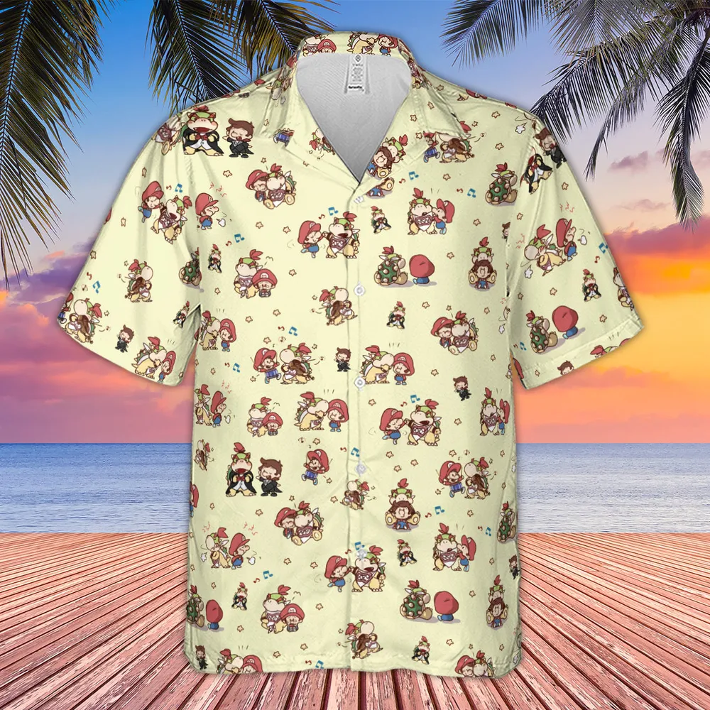So Cute Bowser and Mario Pattern Hawaiian Shirt - 2