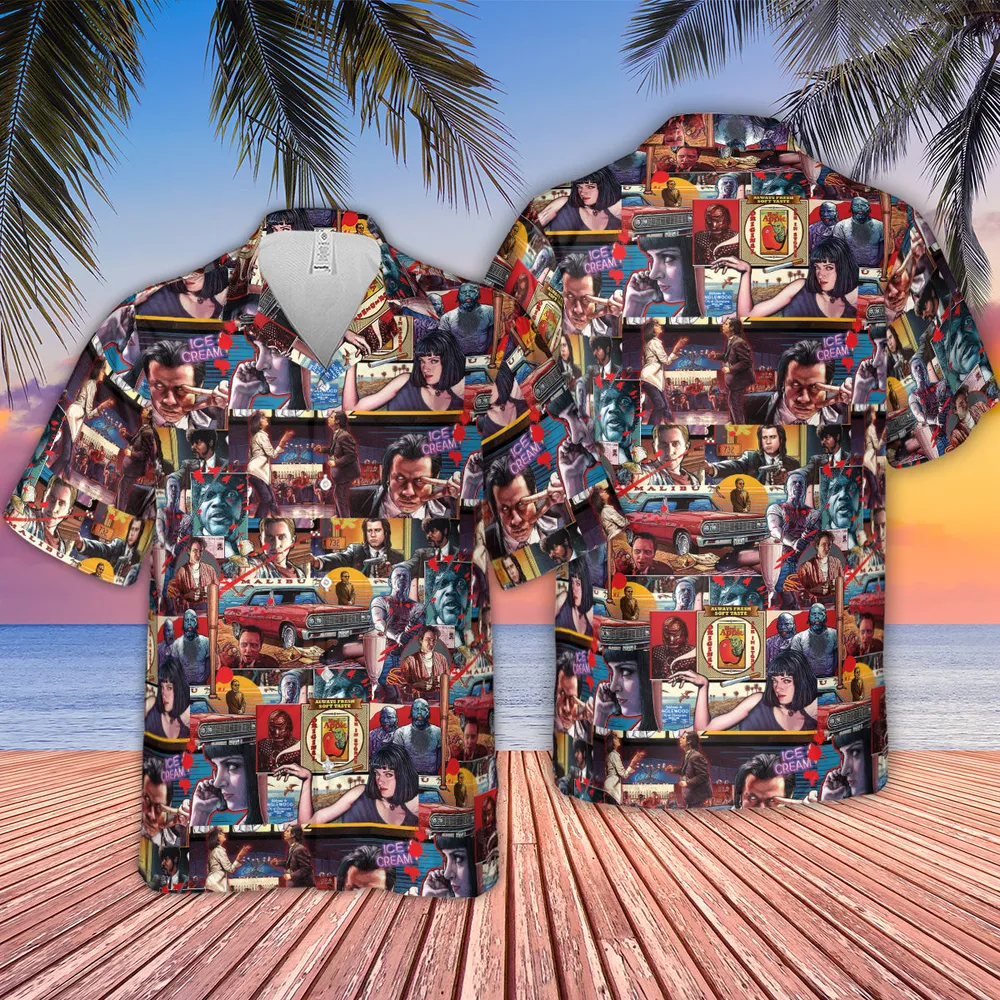 Retro Scenes Mia Wallace Vincent Vega Jules Winnfields Pulp Fiction Hawaiian Shirt - 2