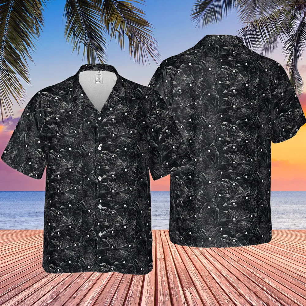Black Raven Pattern Hawaiian Shirt - 4
