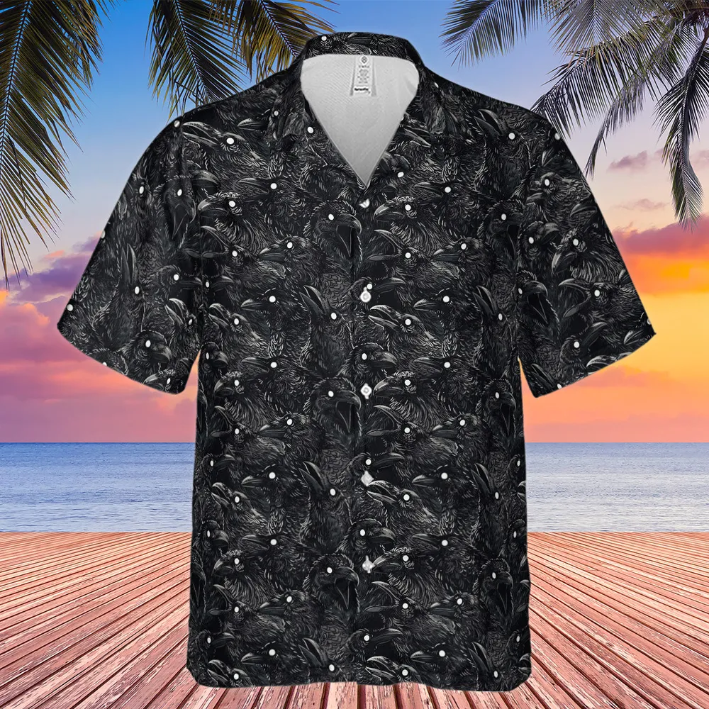 Black Raven Pattern Hawaiian Shirt - 3