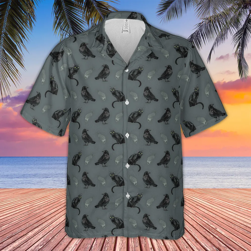 Cat and Raven Edgar Allan Poe Pattern Hawaiian Shirt - 4