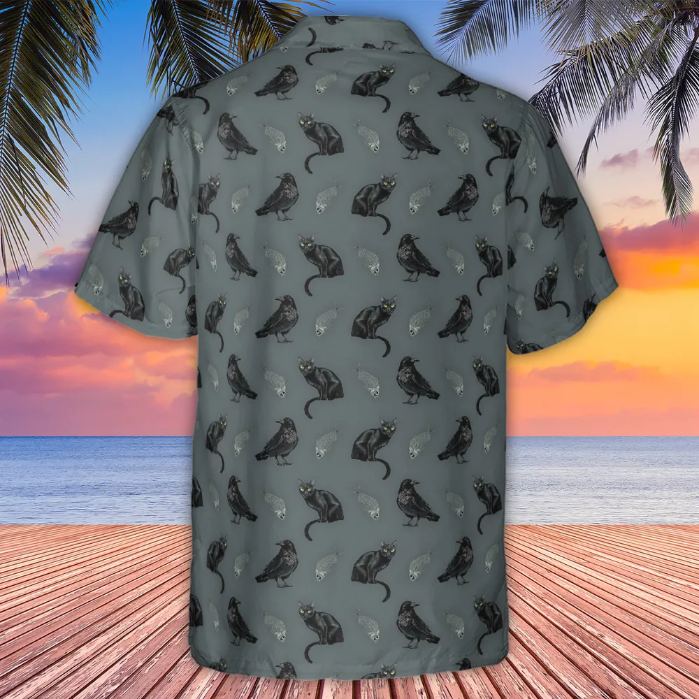 Cat and Raven Edgar Allan Poe Pattern Hawaiian Shirt - 3