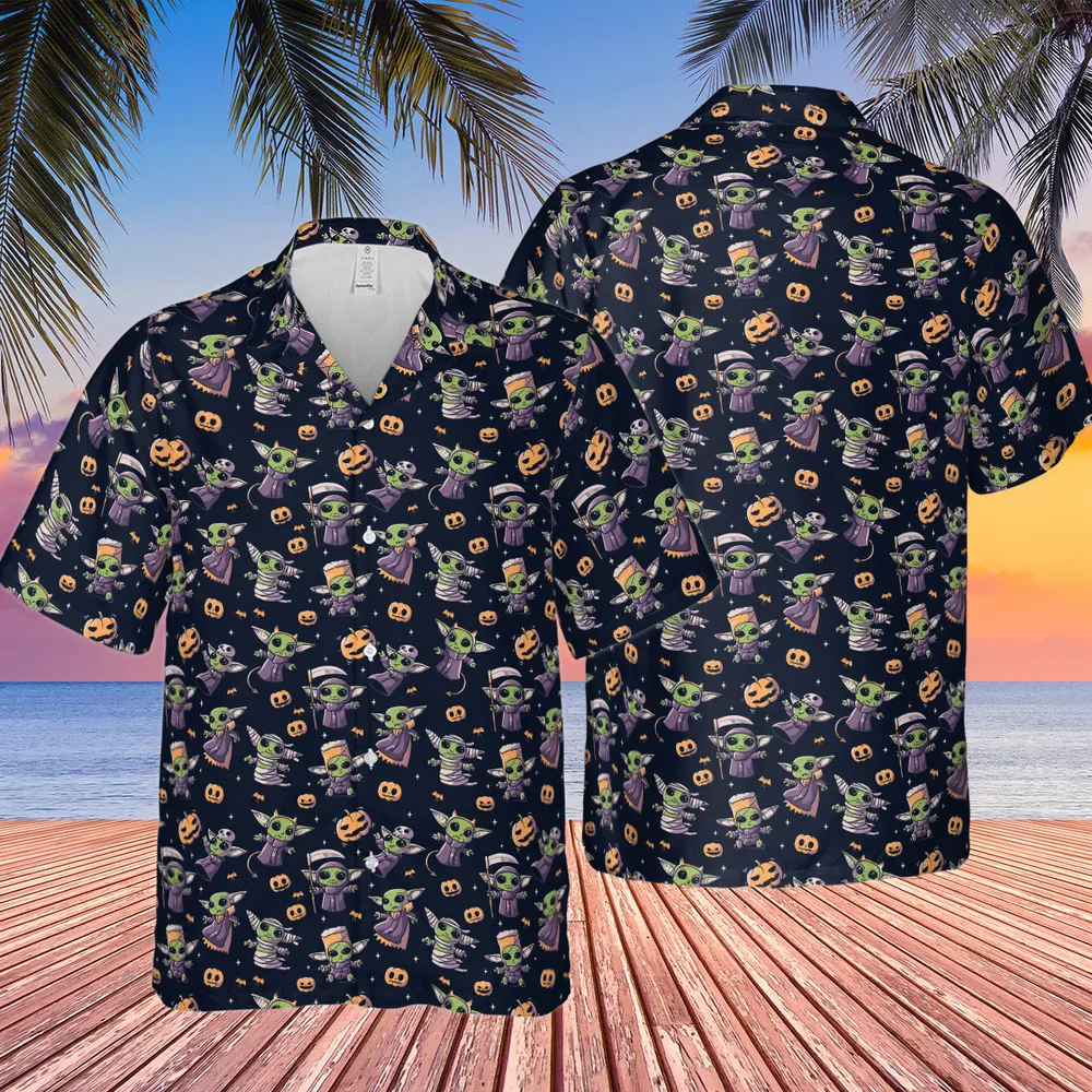 Cute Baby Yoda Halloween Pattern Hawaiian Shirt - 2