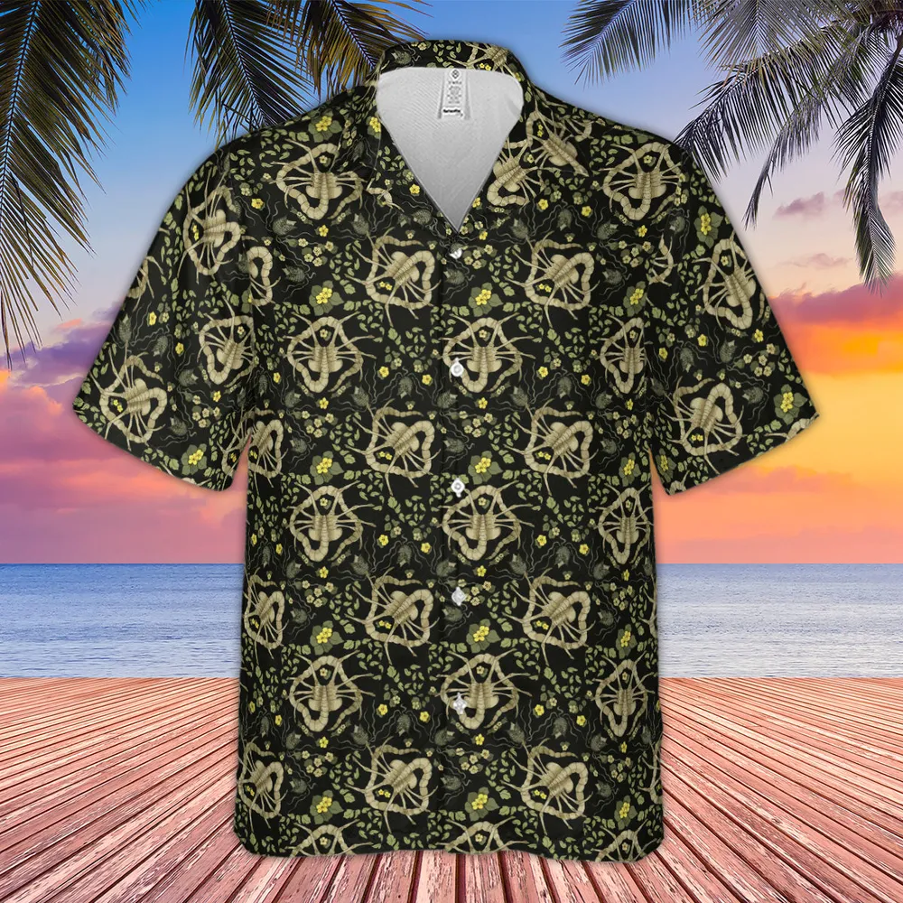 Facehugger Flower Pattern Alien Hawaiian Shirt - 4