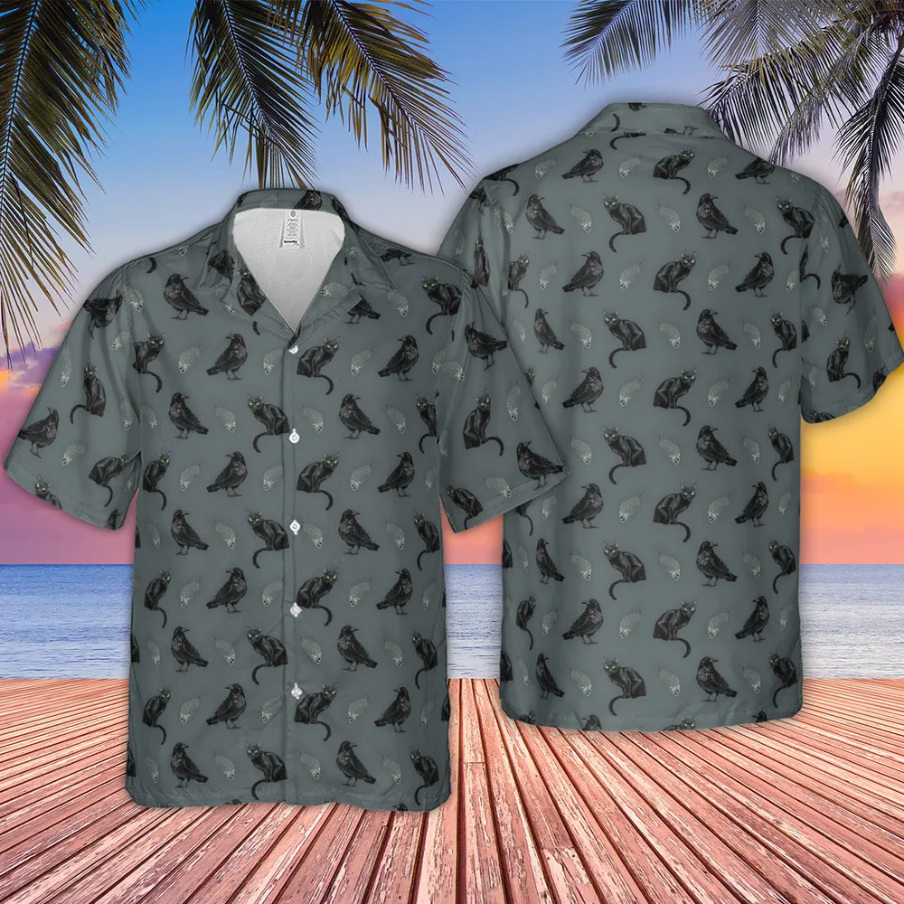 Black Cat and Raven Pattern Hawaiian Shirt - 2