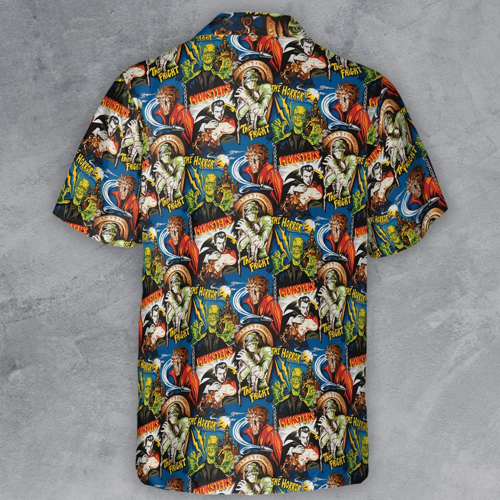 The Horror The Fright Dracula Frankenstein The Wolfman Monster Universal Pattern Button Down Shirt - 3