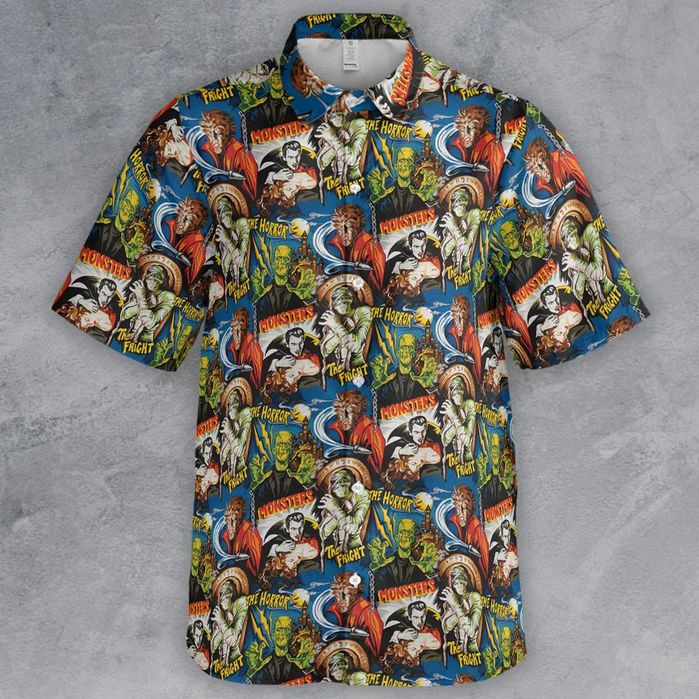 The Horror The Fright Dracula Frankenstein The Wolfman Monster Universal Pattern Button Down Shirt - 2