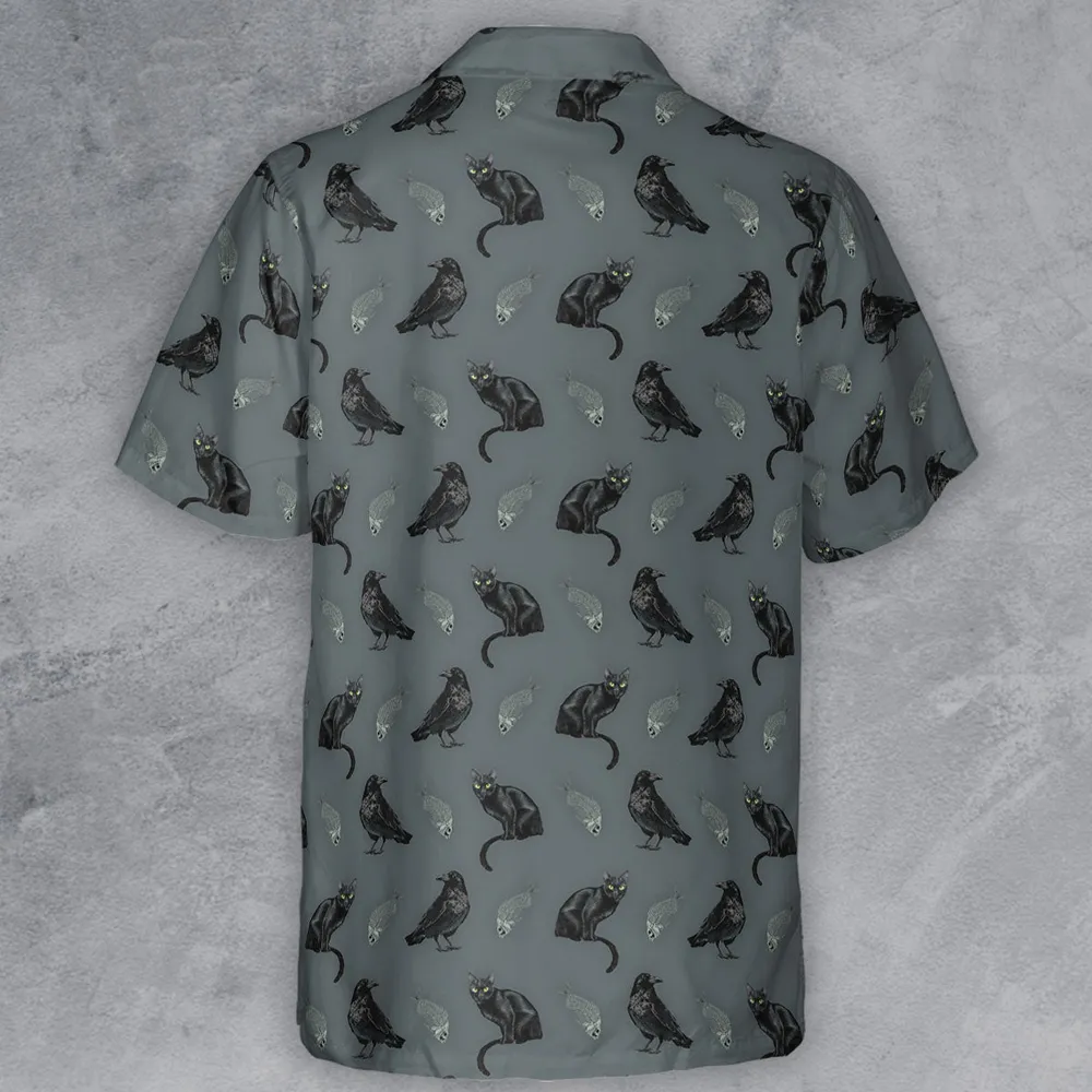 Cat and Raven Edgar Allan Poe Pattern Button Down Shirt - 3