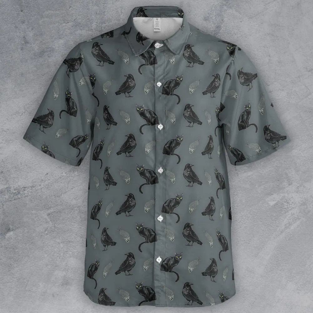 Cat and Raven Edgar Allan Poe Pattern Button Down Shirt - 2