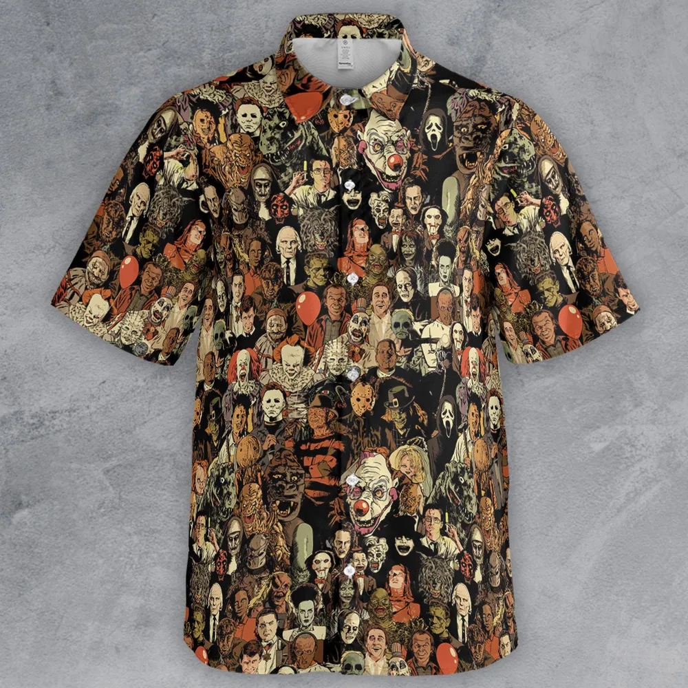 Horror Movie Characters Halloween Pattern Button Down Shirt - 2