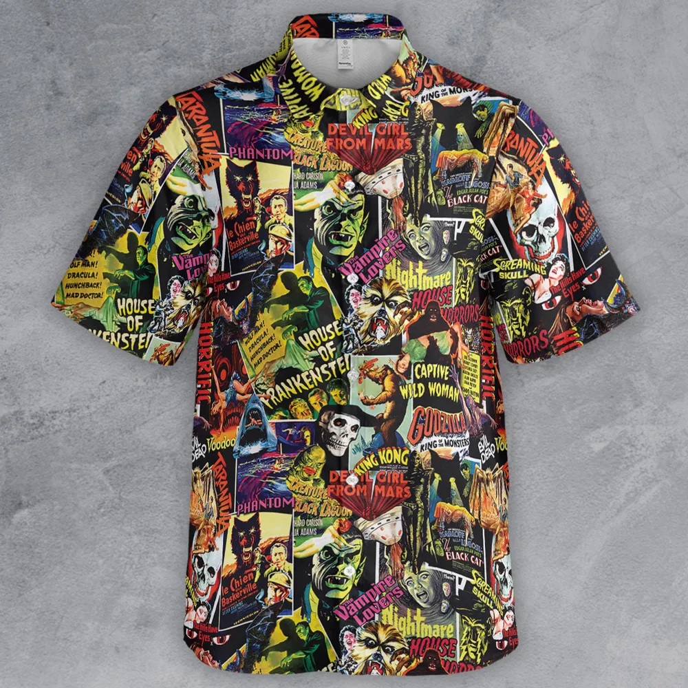 Fright Night Halloween Retro Horror Characters Collage Button Down Shirt - 2