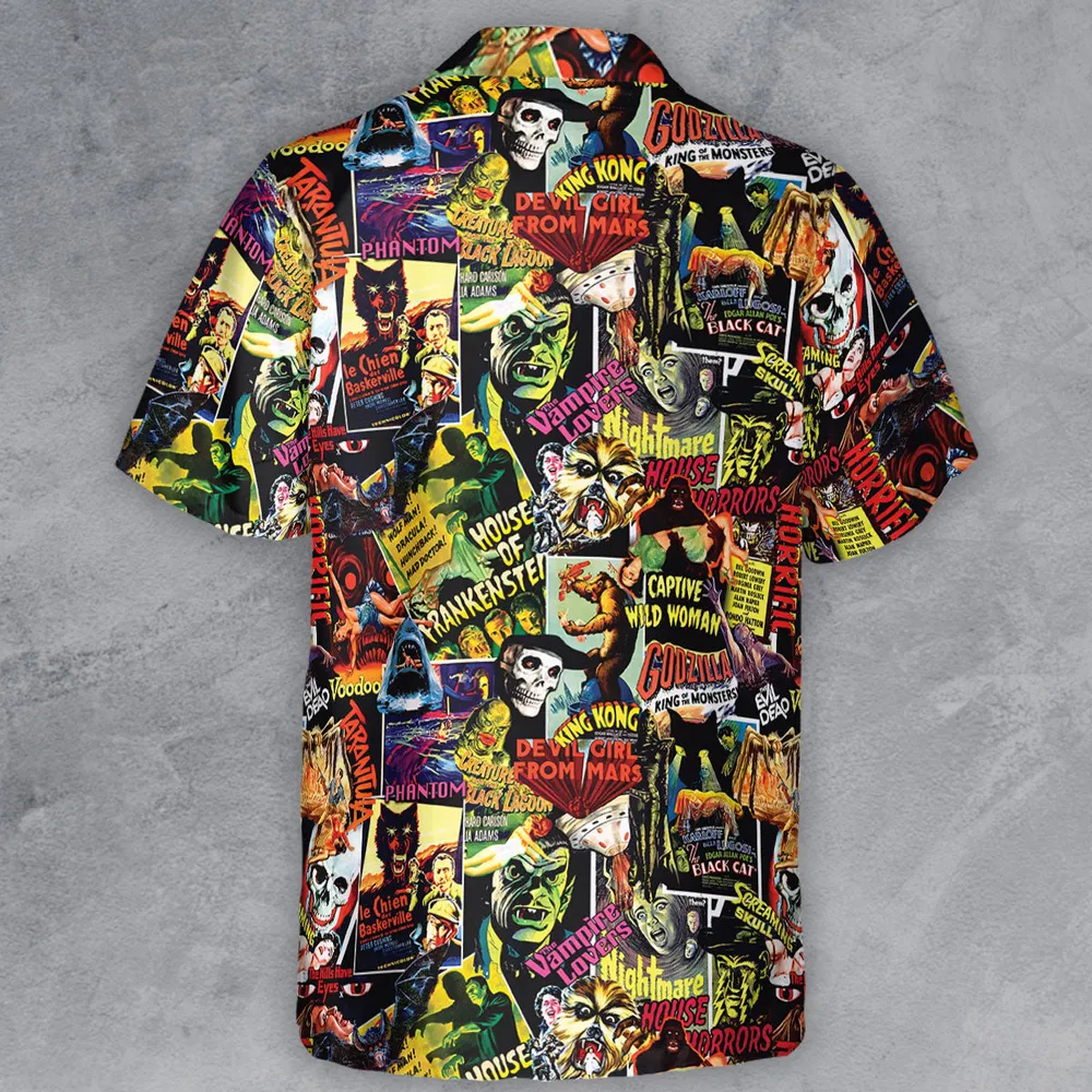 Fright Night Halloween Retro Horror Characters Collage Button Down Shirt - 3
