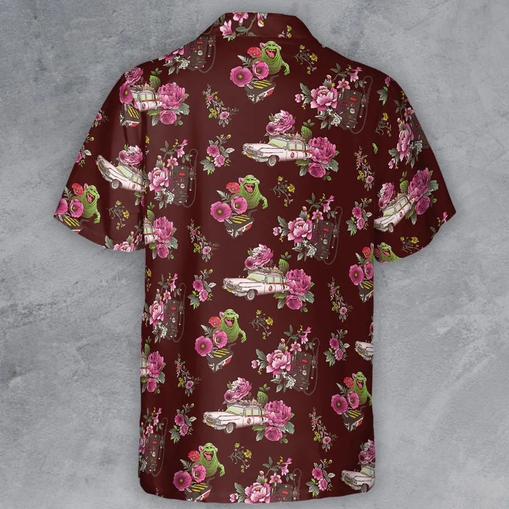 Slimer Ecto-1 Proton Pack Floral Ghostbusters Button Down Shirt - 3