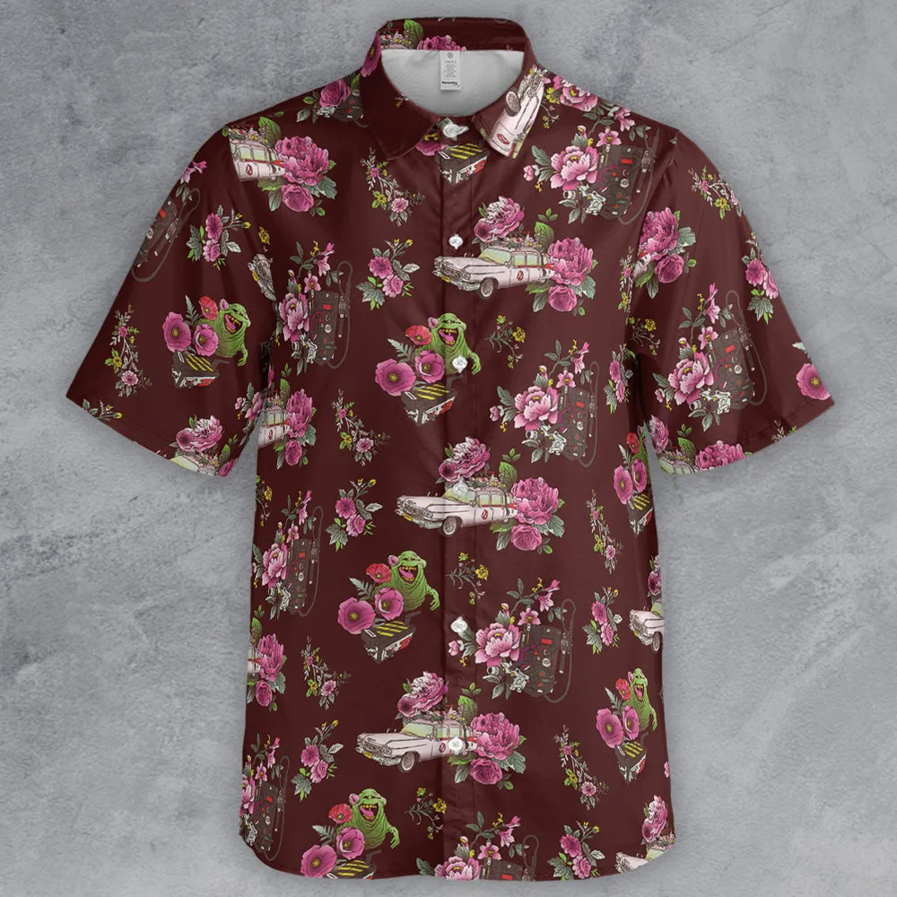 Slimer Ecto-1 Proton Pack Floral Ghostbusters Button Down Shirt - 2