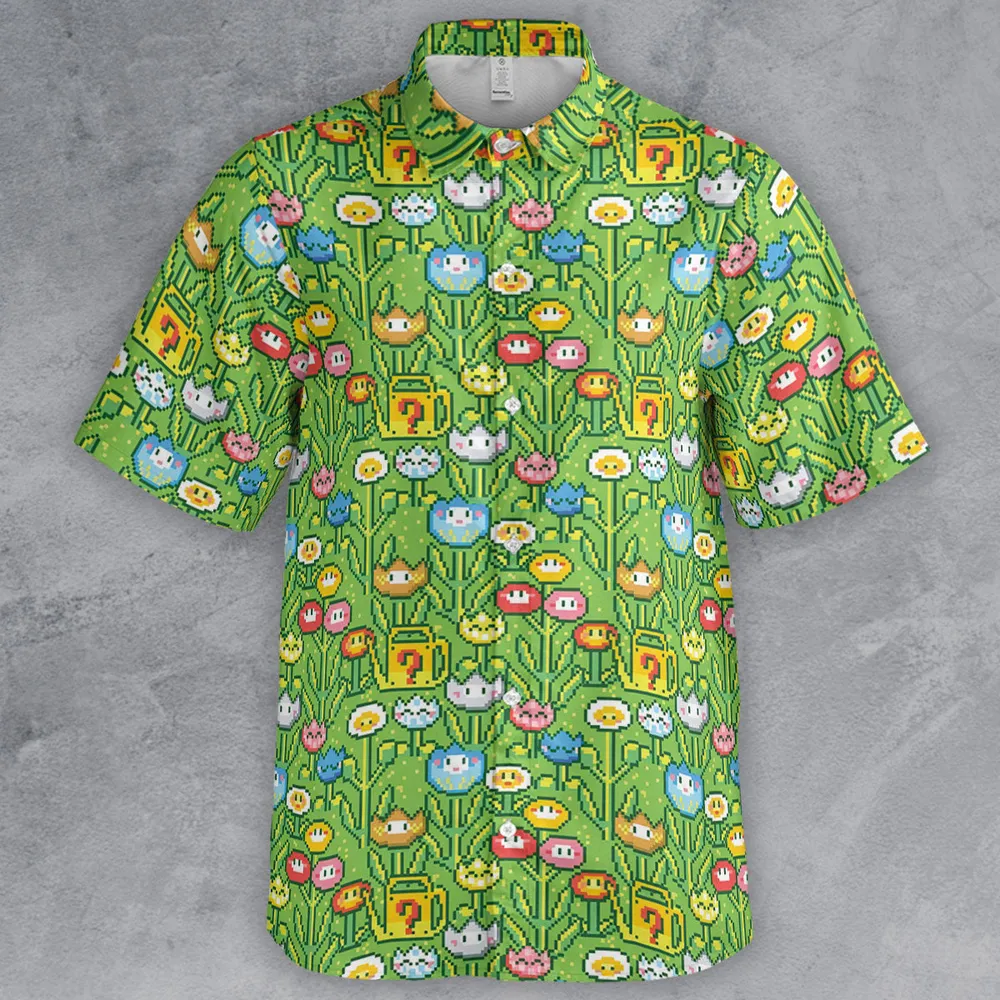 8bit Flower Garden Super Mario Pattern Button Down Shirt - 2