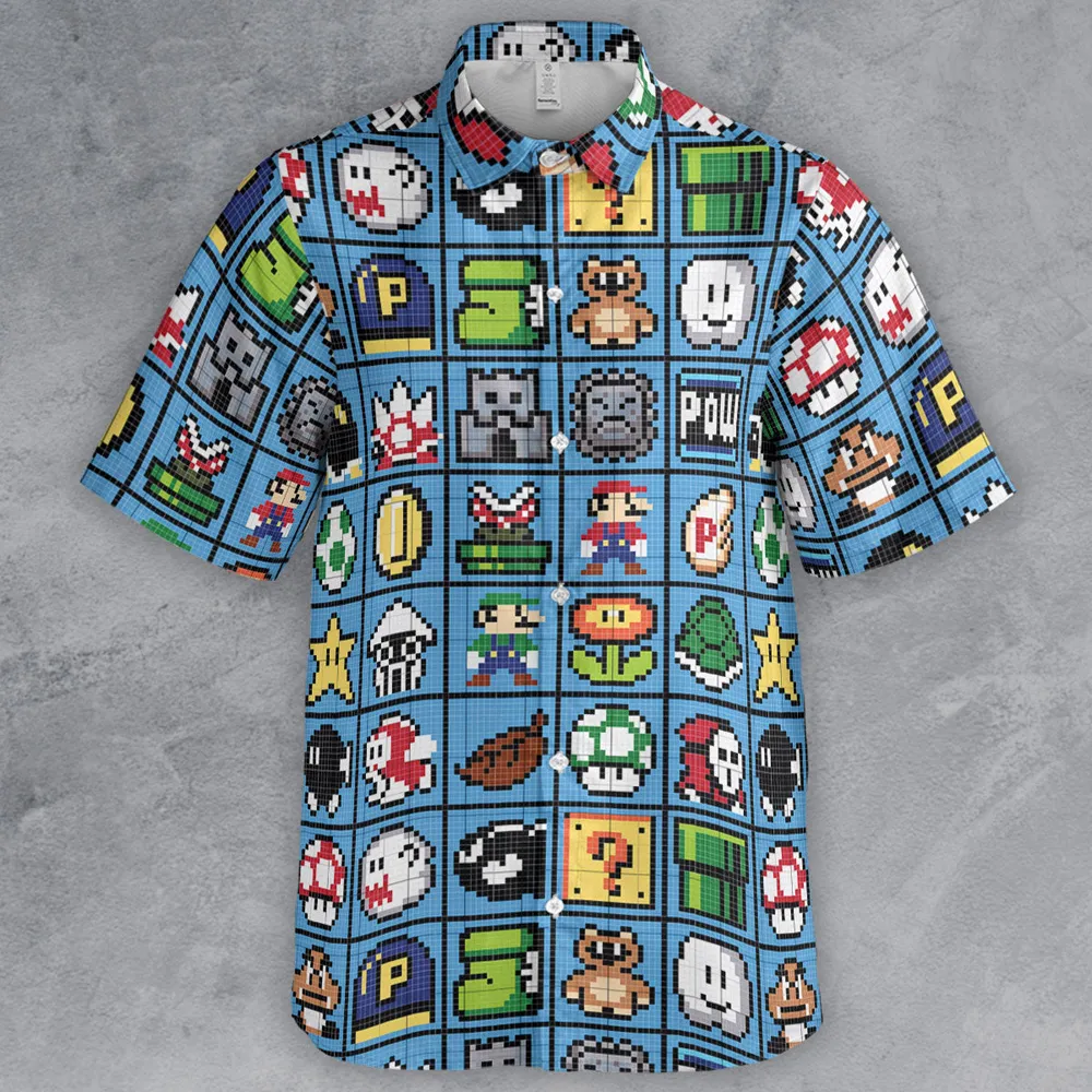 Mario Pixel Super Mario Pattern Button Down Shirt - 2