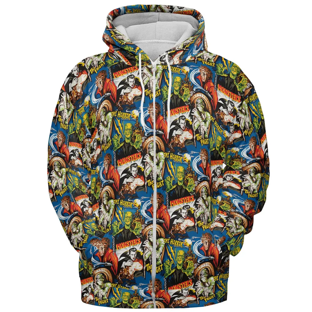 The Horror The Fright Dracula Frankenstein The Wolfman Monster Universal Pattern All-over Print Hoodie - 4
