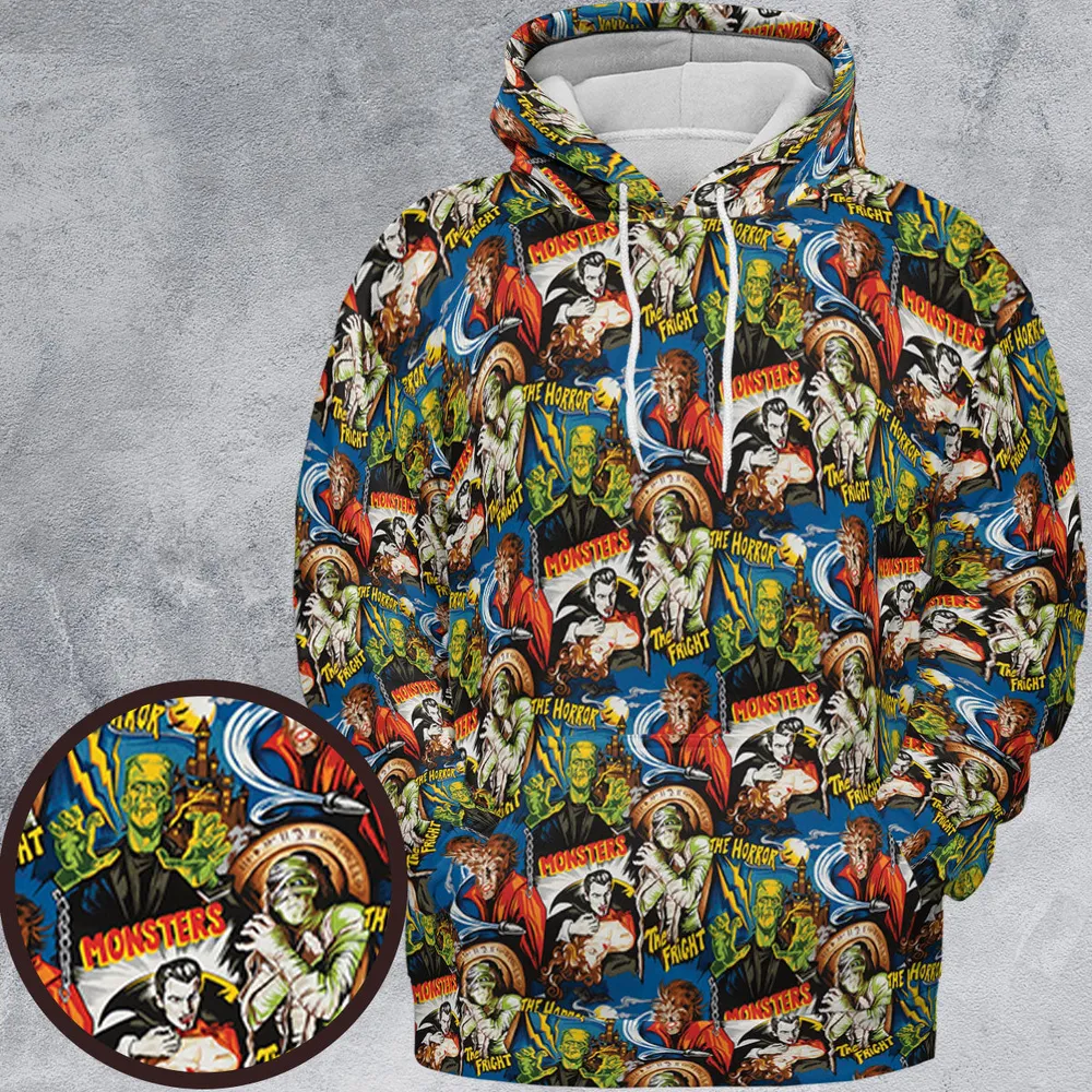 The Horror The Fright Dracula Frankenstein The Wolfman Monster Universal Pattern All-over Print Hoodie - 2
