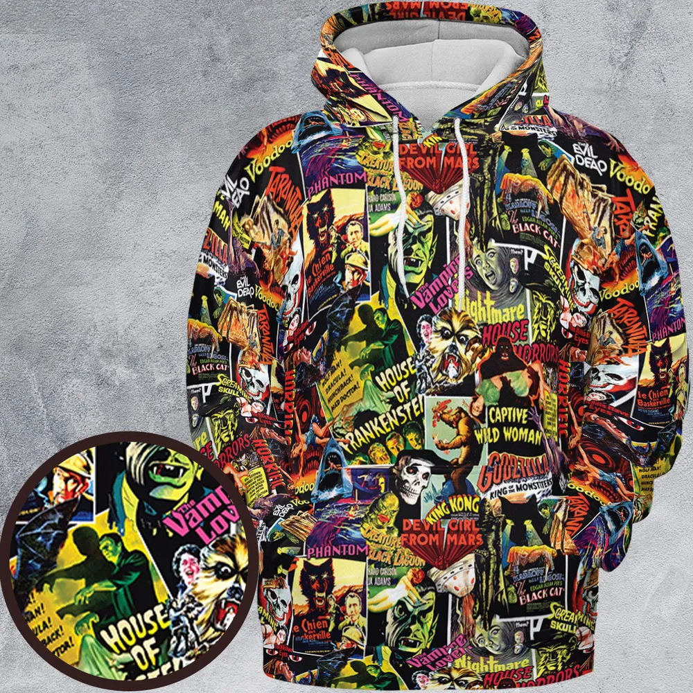 Fright Night Halloween Retro Horror Characters Collage All-over Print Hoodie - 2
