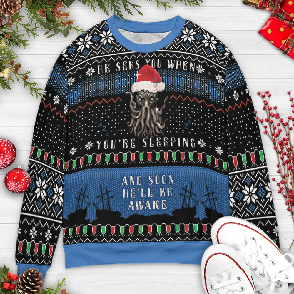 Sleeping Awake Cthulhu Ugly Christmas Sweatshirt - 3