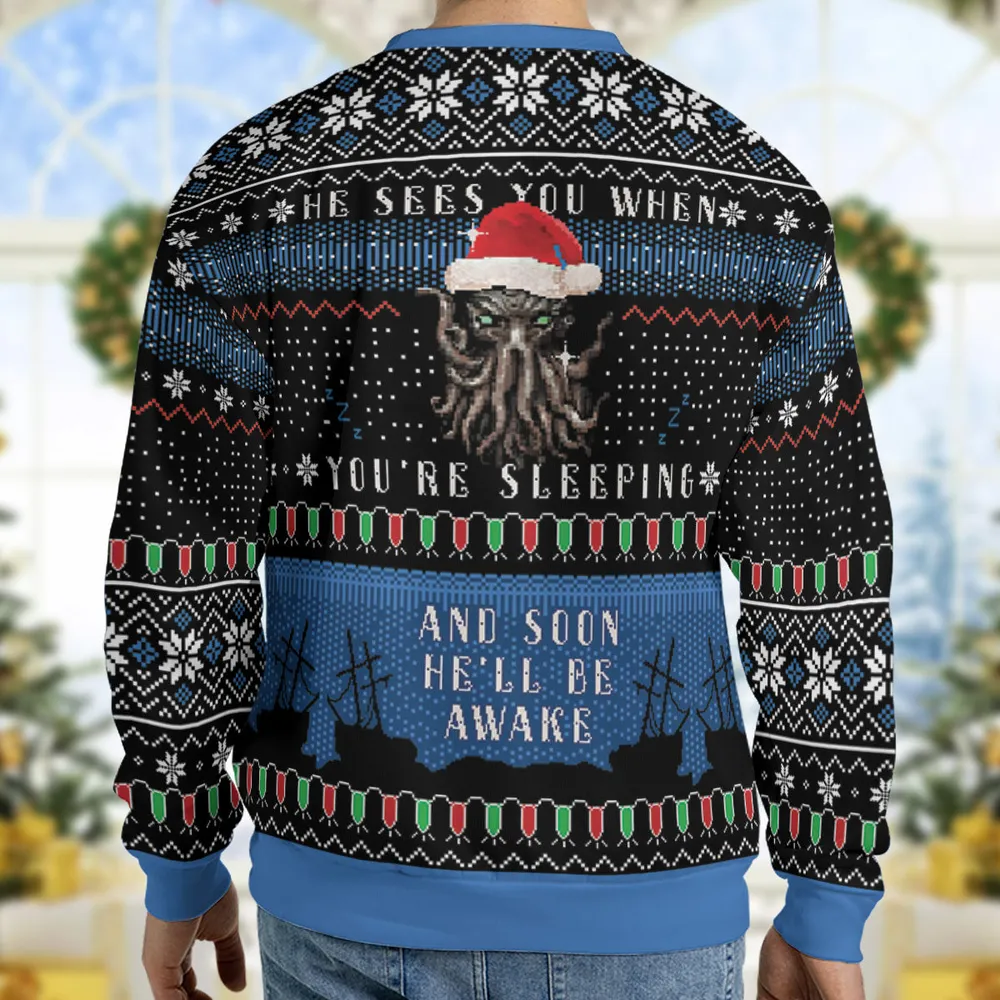 Sleeping Awake Cthulhu Ugly Christmas Sweatshirt - 2