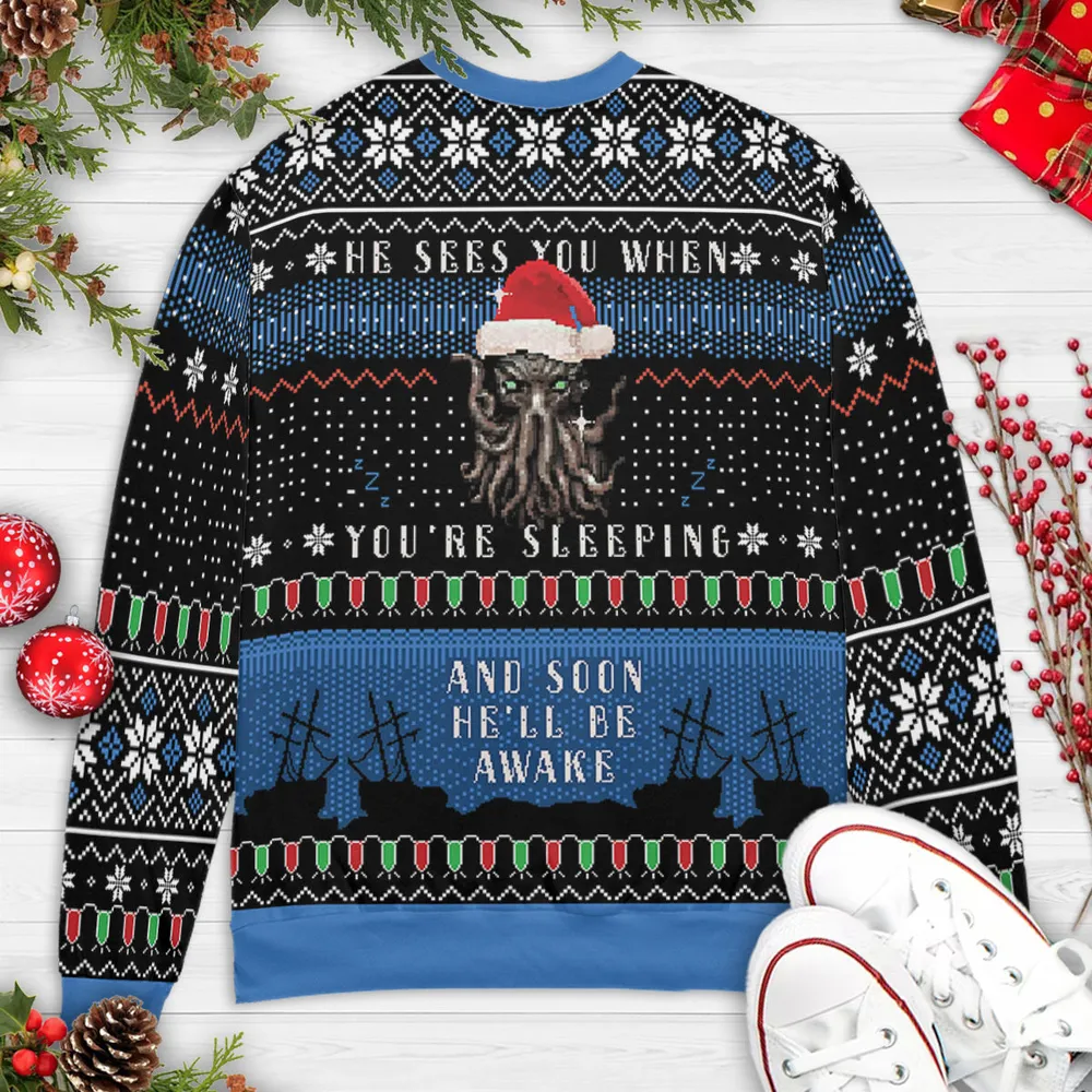Sleeping Awake Cthulhu Ugly Christmas Sweatshirt - 4