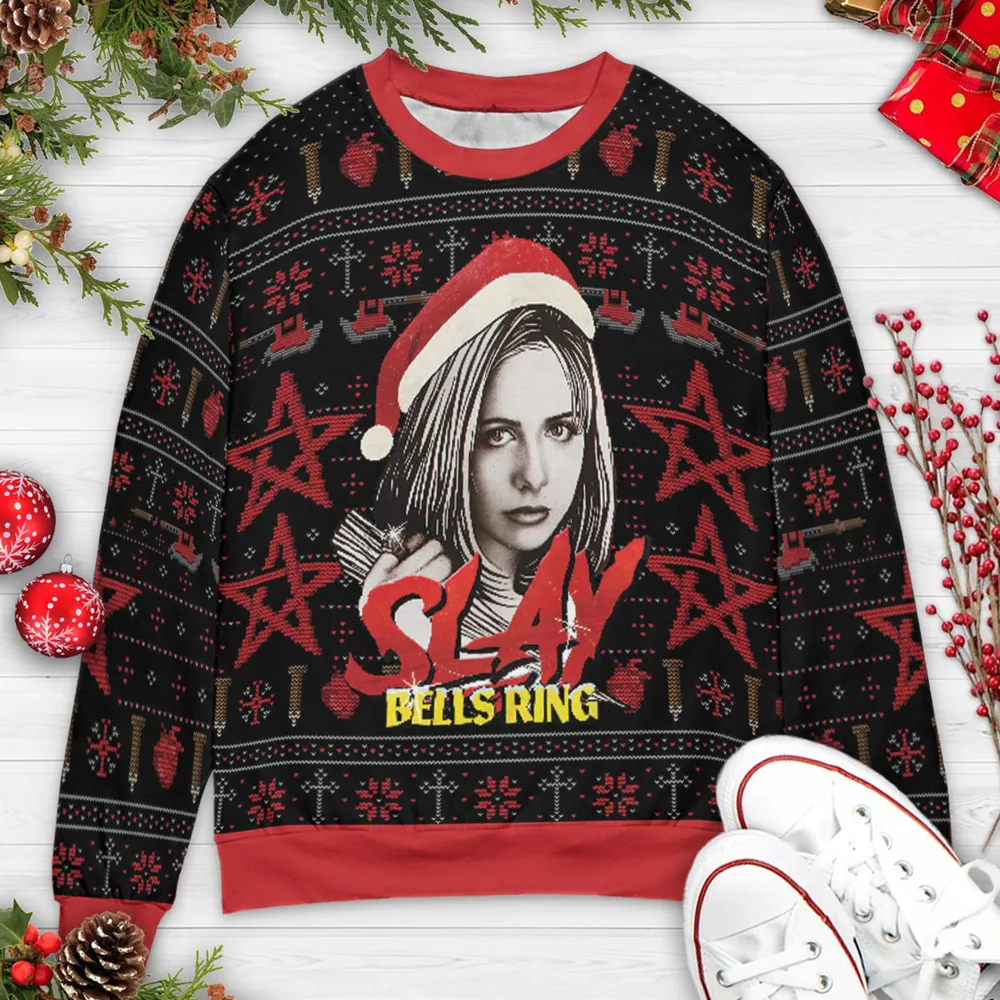 Slay Bells Ring Buffy the Vampire Slayer Ugly Christmas Sweatshirt - 3
