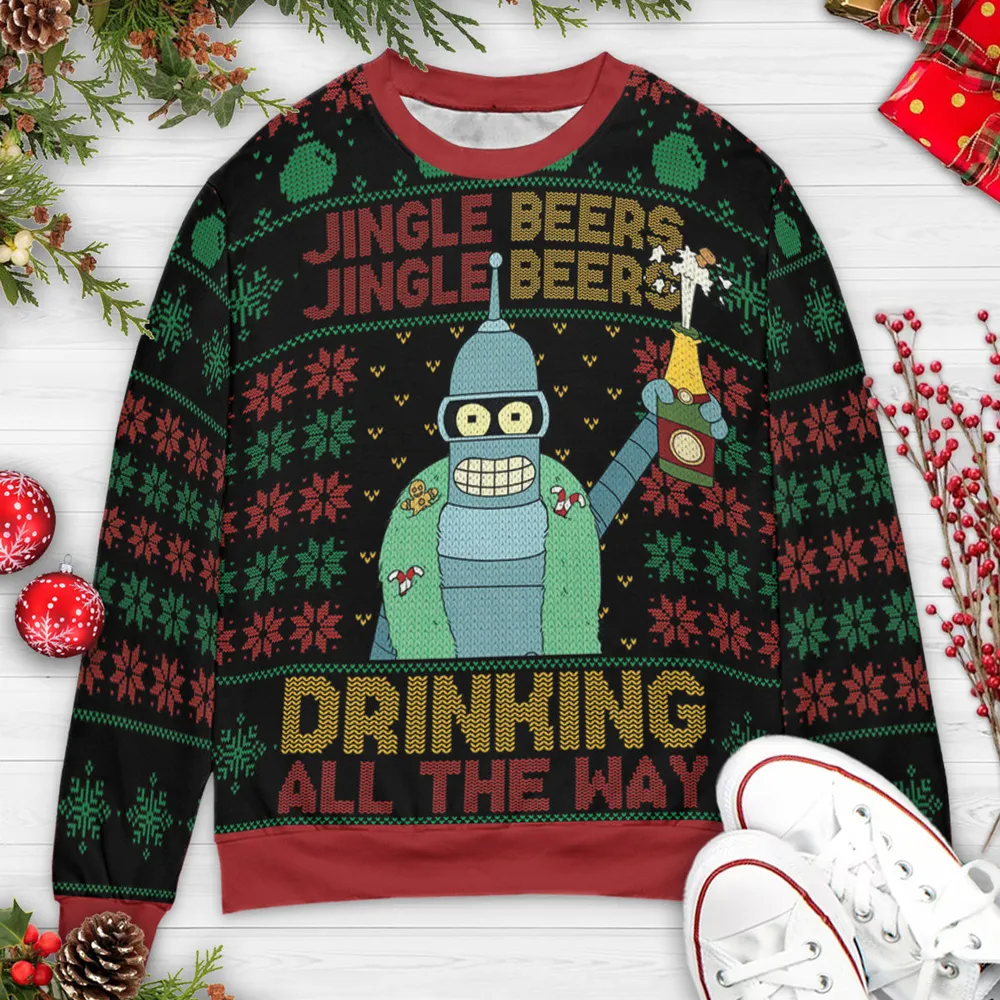 Drinking All The Way Bender Futurama Ugly Christmas Sweatshirt - 3