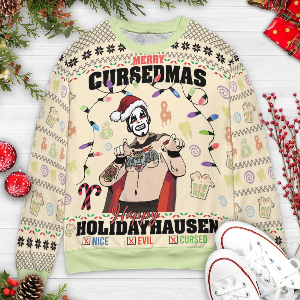 Cursedman HolidayHausen Wrestling Ugly Christmas Sweatshirt - 3