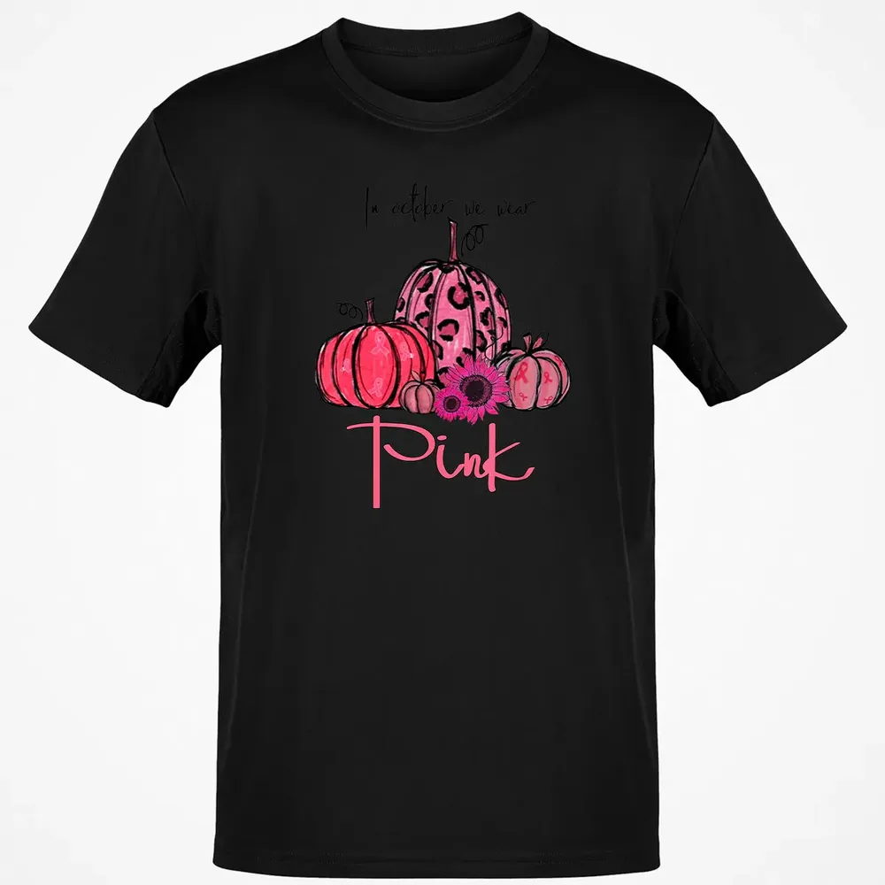 In October We Wear Pink Pumpkin Breast Cancer Halloween Classic Unisex T-Shirt - 2
