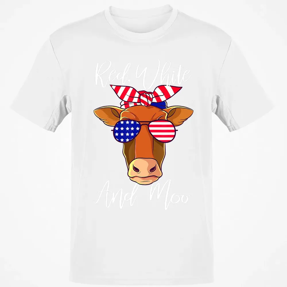 Red White and Moo Patriotic Cow USA Flag 4th of July Classic Unisex T-Shirt - 13