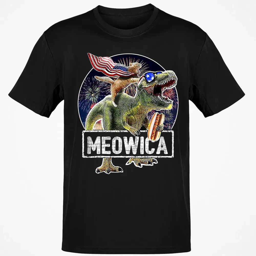 Meowica American Flag Cat T Rex Dinosaur 4th of July Kids Classic Unisex T-Shirt - 2