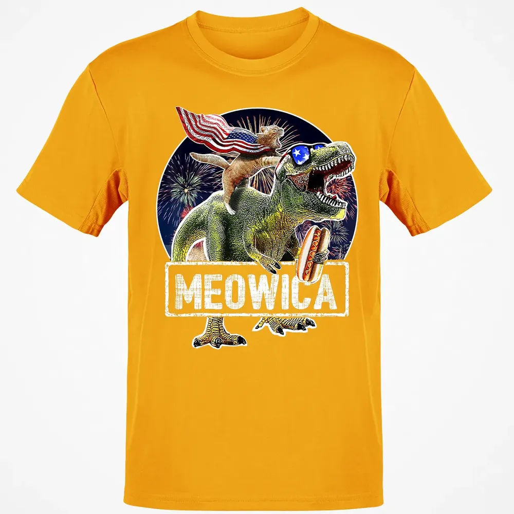 Meowica American Flag Cat T Rex Dinosaur 4th of July Kids Classic Unisex T-Shirt - 5